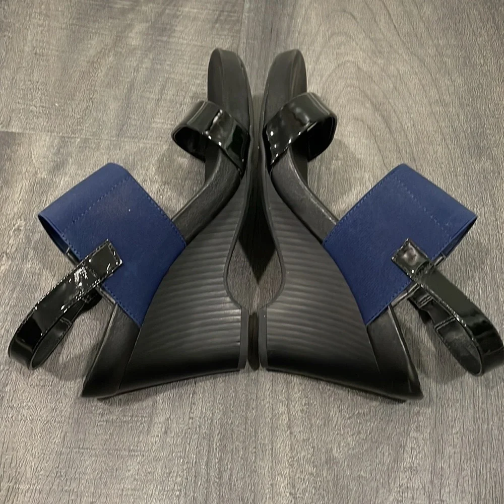 The Flexx blue & black give a lot wedge sandals size 9